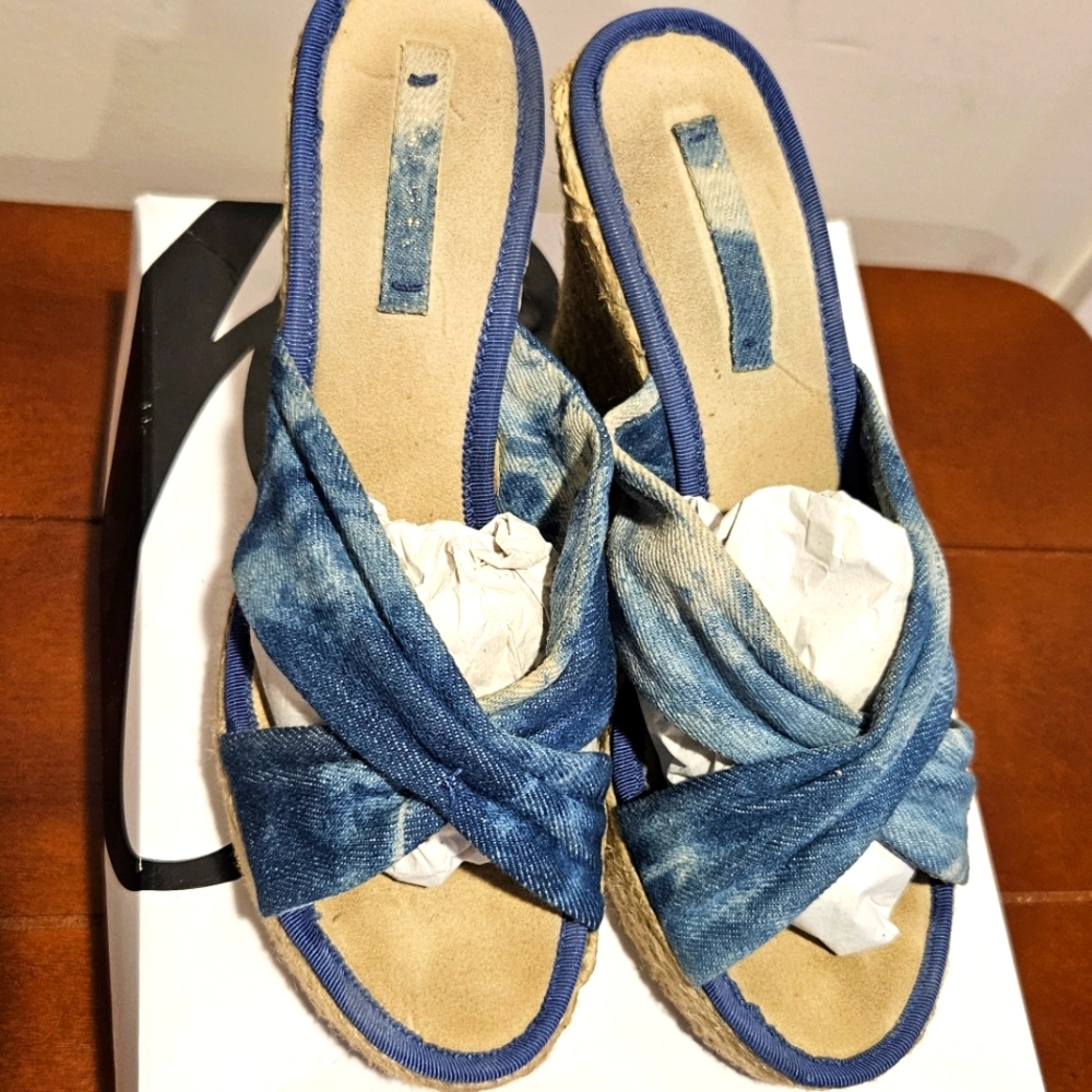 Nine West Women's Jocelyn Wedge Sandals Blue Tie-dye Denim Size 8.5M